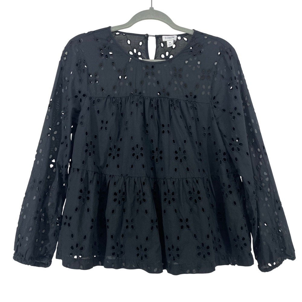 J.Crew Size Medium Eyelet Tiered Top Black Long Sleeve Peplum Women Blouse Basic